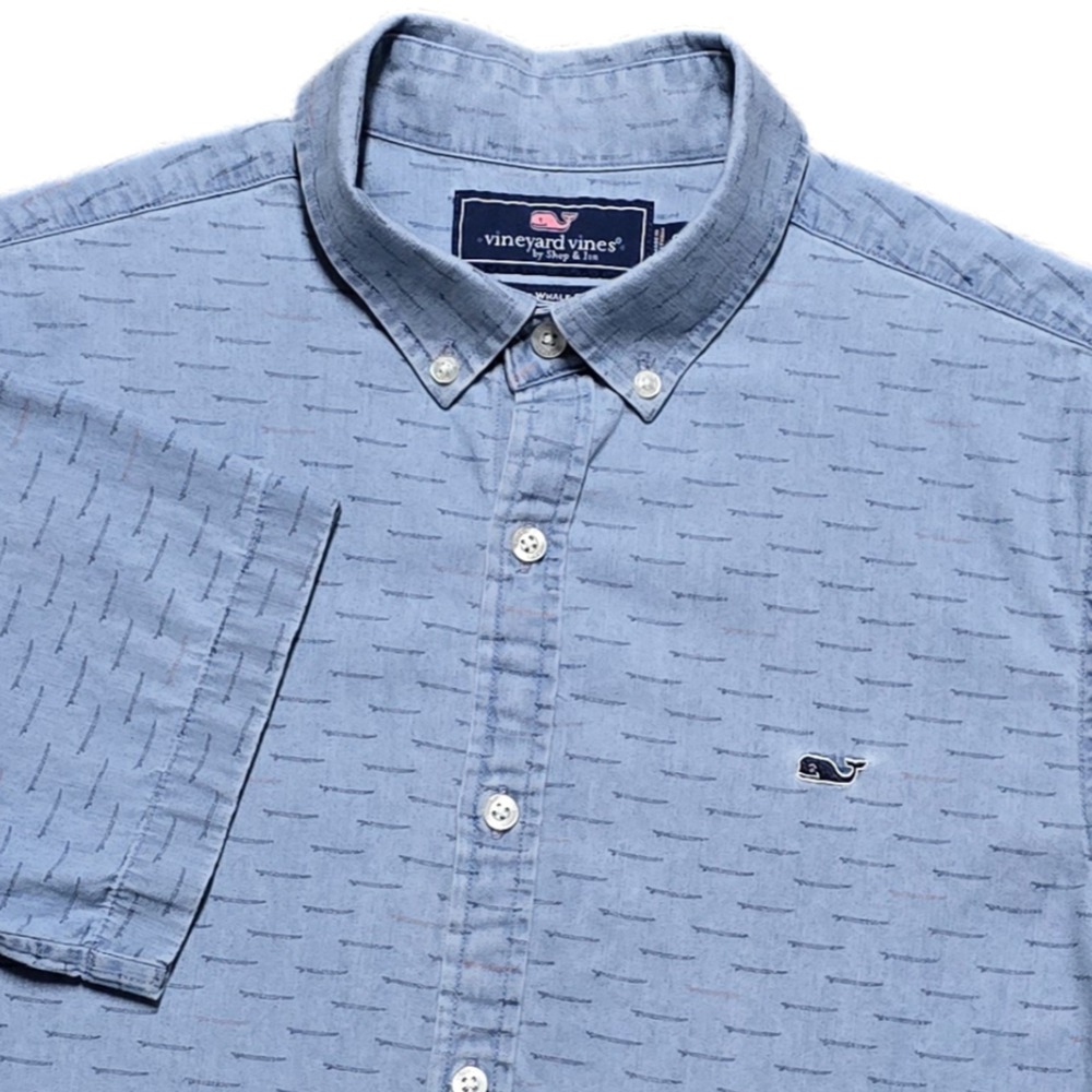 Vineyard Vines Mens Slim Fit Whale Chambray Shirt Sz Small Cotton Blue Geometric
